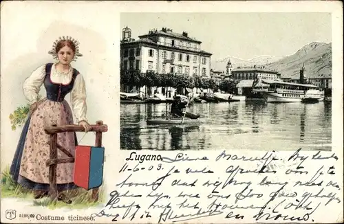 Präge Passepartout Ak Lugano Kanton Tessin Schweiz, Teilansicht, Costume ticinese, Tracht