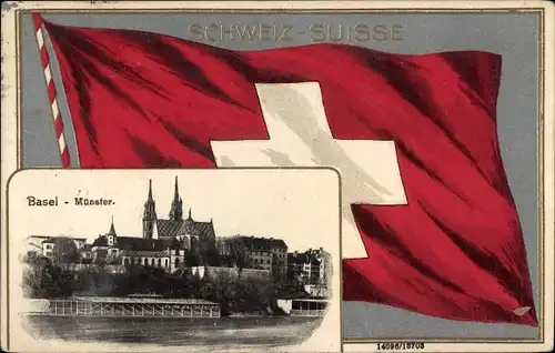 Präge Wappen Passepartout Ak Bâle Basel Stadt Schweiz, Münster, Flagge