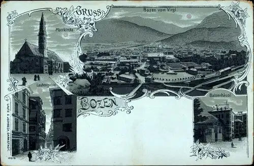 Mondschein Litho Bozen Bolzano Südtirol, Panorama vom Virgl, Batzenhäusl, Laubengasse, Pfarrkirche