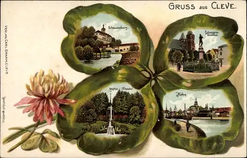 Kleeblatt Litho Kleve am Niederrhein, Schwanenburg, Lohengrin Denkmal, Amphitheater, Hafen