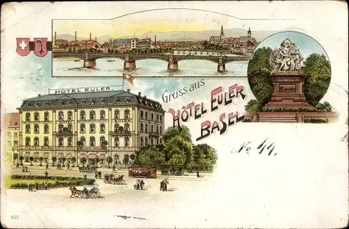 Litho Bâle Basel Stadt Schweiz, Hotel Euler, Denkmal, Brücke