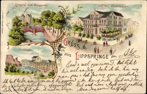 Litho Bad Lippspringe in Westfalen, Hotel Rummeny, Eingang Kurgarten, Trinkhalle