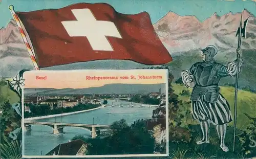 Passepartout Ak Bâle Basel Stadt Schweiz, Rheinpanorama vom St. Johannturm, Fahne, Ritter