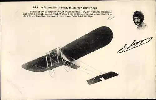 Ak Monoplan Bleriot, pilote par Legagneux, Pilot, Flugzeug