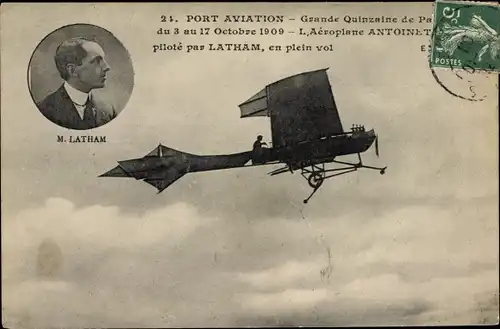 Ak Port Aviation, Grande Quinzaine de Paris 1909, Aeroplane Antoinette, Aviateur M. Latham