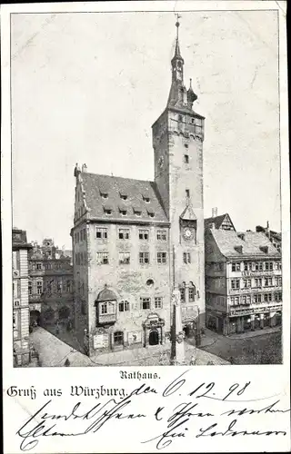 Ak Würzburg am Main Unterfranken, Rathaus, Grafen Eckarhard Turm, Vierröhrenbrunnen