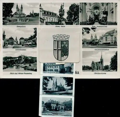 Leporello Ak Fulda in Osthessen, Kirchen, Domplatz, Universitätsplatz, Paulustor, Orangerie, Schloß