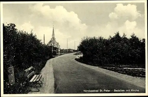 Ak Sankt Peter Ording in Nordfriesland, Badallee mit Kirche