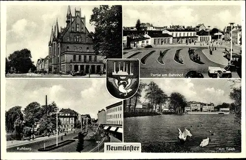 Ak Neumünster in Schleswig Holstein, Rathaus, Kuhberg, Partie am Bahnhof, Teich, Schwan, Wappen