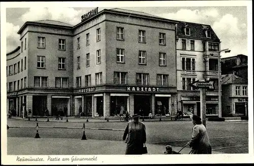 Ak Neumünster in Schleswig Holstein, Partie am Gänsemarkt, Karstadt Gebäude, Geschäfte, Passanten