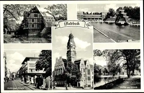 Ak Gladbeck im Ruhrgebiet Westfalen, Heimatmuseum, Freibad, Bottroper Straße, Rathaus