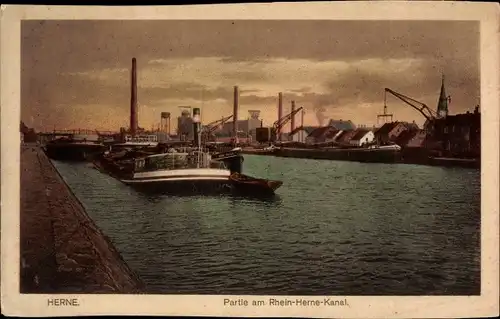 Ak Herne im Ruhrgebiet, Rhein Herne Kanal, Hafenanlagen, Frachtkahn