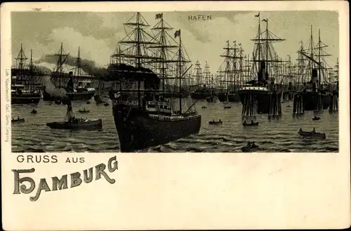 Litho Hamburg, Hafen, Segelschiffe