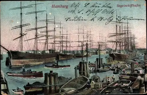 Litho Hamburg, Hafen, Segelschiffe