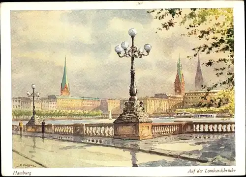 Künstler Ak Clausen, H., Hamburg Altstadt, Auf der Lombardsbrücke