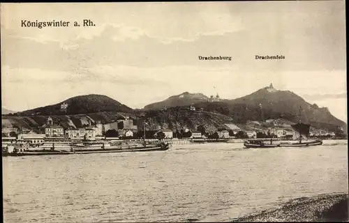 Ak Königswinter am Rhein, Panorama, Drachenburg, Drachenfels, Rheindampfer