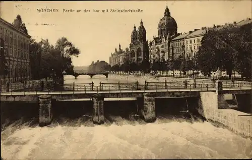 Ak München Bayern, Isar mit Steinsdorfstraße, Brücke, Kirche