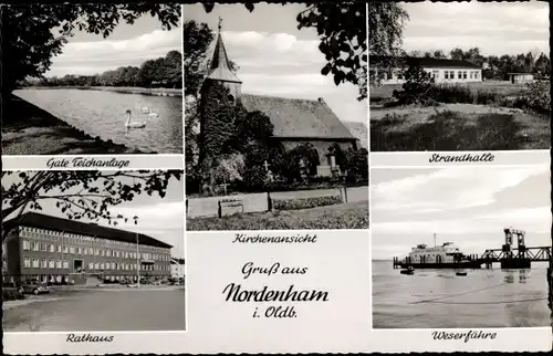 Ak Nordenham in Oldenburg Niedersachsen, Kirche, Strandhalle, Weserfähre, Rathaus, Gate Teich