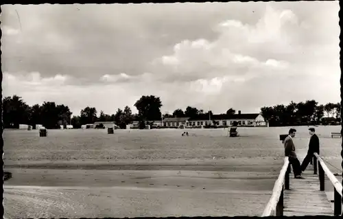 Ak Nordenham in Oldenburg Niedersachsen, Strandhalle an der Weser, Steg