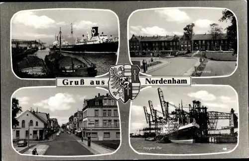 Ak Nordenham im Oldenburger Land, Bahnhof, Bahnhofstraße, Hafen, Midgard Pier