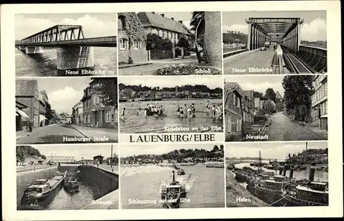 Ak Lauenburg an der Elbe, Schleuse, Schlepper, Elbbrücke, Hafen, Hamburger Straße