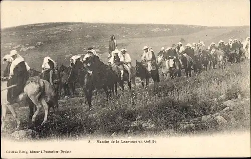 Ak Marche de la Caravane en Galilée, Reiter, Karawane