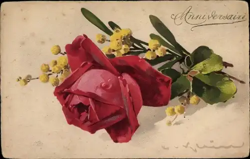 Künstler Ak Klein, Catharina, Rosenblüte und gelbe Blüten