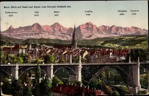 Ak Bern Stadt Kanton Bern, Blick auf Stadt und Alpen vom Kursaal Schänzli aus