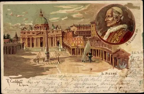 Künstler Litho Carloforti, R., Vatikan Rom Lazio, S. Pietro, Petersplatz, S.S. Leone XIII, Petersdom