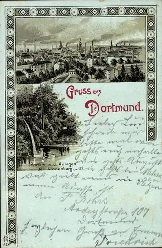 Litho Dortmund im Ruhrgebiet, Anlagen der Kronenburg, Blick auf den Ort