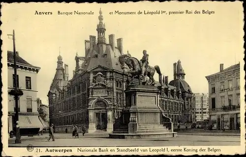 Ak Anvers Antwerpen Flandern, Banque Nationale, Monument Leopold 1er