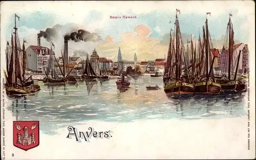 Litho Antwerpen Anvers Flandern, Bassin Flamand, Fischerboote, Wappen