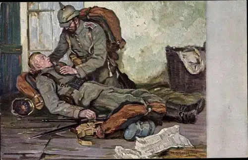 Künstler Ak Liebermann, Ernst, Kameradschaft, verwundeter Soldat, 1. WK