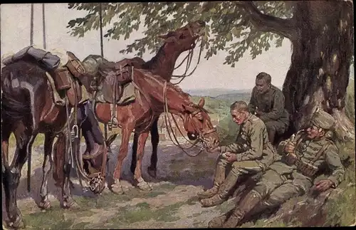 Künstler Ak Roloff, Treue Freunde, Kavallerie, Husaren, Rastende Soldaten mit Pferden, 1. WK