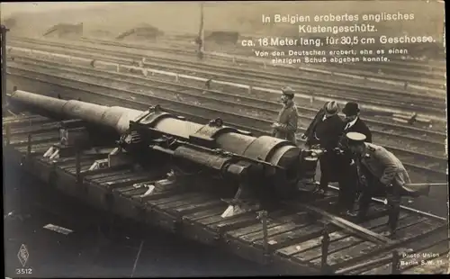 Ak In Belgien erobertes englischen Küstengeschütz, 30,5cm, 1. WK