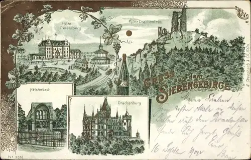 Mondschein Litho Königswinter am Rhein, Drachenfels, Drachenburg, Kelsterbach