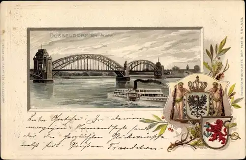 Wappen Litho Düsseldorf am Rhein, Rheinbrücke, Rheindampfer