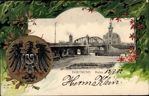 Präge Wappen Passepartout  Ak Dortmund, Blick auf den Hafen, Brücke