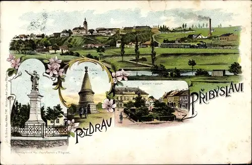 Litho Přibyslav  Primislau Reg. Hochland, Blick auf den Ort, Namesti, Denkmal