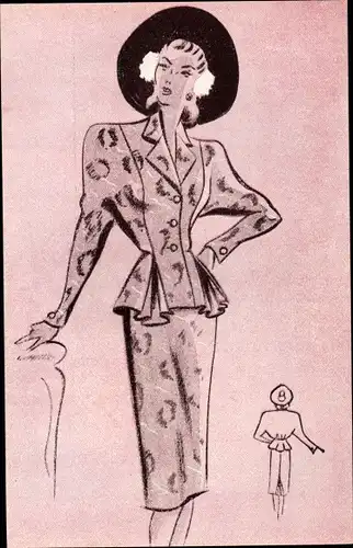 Ak Zeichnung, Mode, Frau, Kleid, Hut