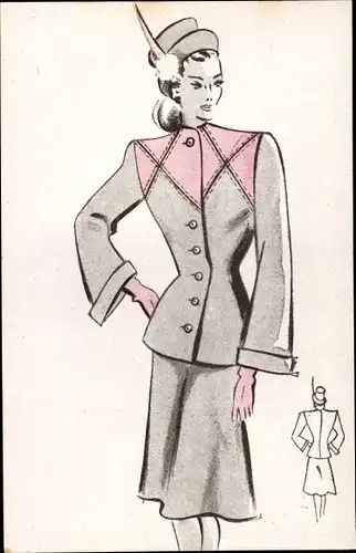 Ak Zeichnung, Mode, Frau, Kleid, Hut