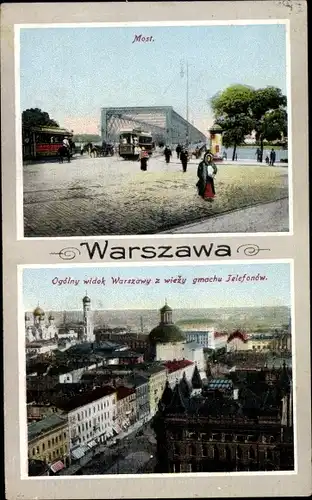 Ak Warszawa Warschau Polen, Most, Straßenbahnen, Teilansicht der Stadt, Brücke