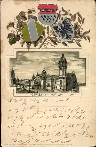 Präge Wappen Litho Köln am Rhein, Bahnhof, drei Wappen