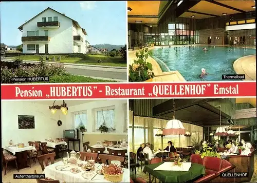 Ak Bad Emstal in Hessen, Pension Hubertus, Restaurant Quellenhof , Thermalbad