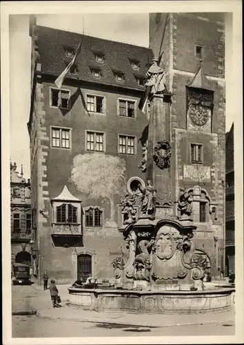 Ak Würzburg am Main Unterfranken, Rathaus, Vierröhrenbrunnen
