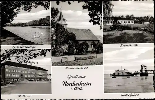 Ak Nordenham in Oldenburg Niedersachsen, Kirche, Strandhalle, Weserfähre, Rathaus, Gate Teich