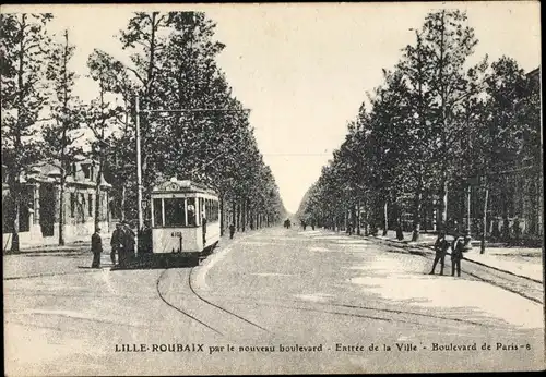 Ak Lille Nord, Tramway Lille Rouaix par le nouveau boulevard, Entrée de la Ville, Boulevard de Paris