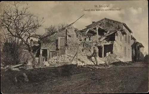 Ak Saint Souplet Nord, durch eine Granate zerstörtes Haus, Kriegszerstörung I. WK