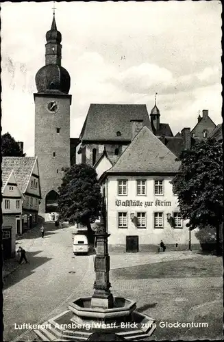 Ak Arnsberg Westfalen, Blick zum Glockenturm, Gasthaus zur Krim, Brunnen