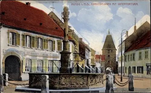 Ak Mutzig Elsass Bas Rhin, Marktbrunnen, Untertorturm, Brauerei